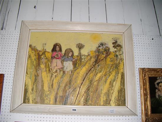 19th century School, oil on board, two girls in a field